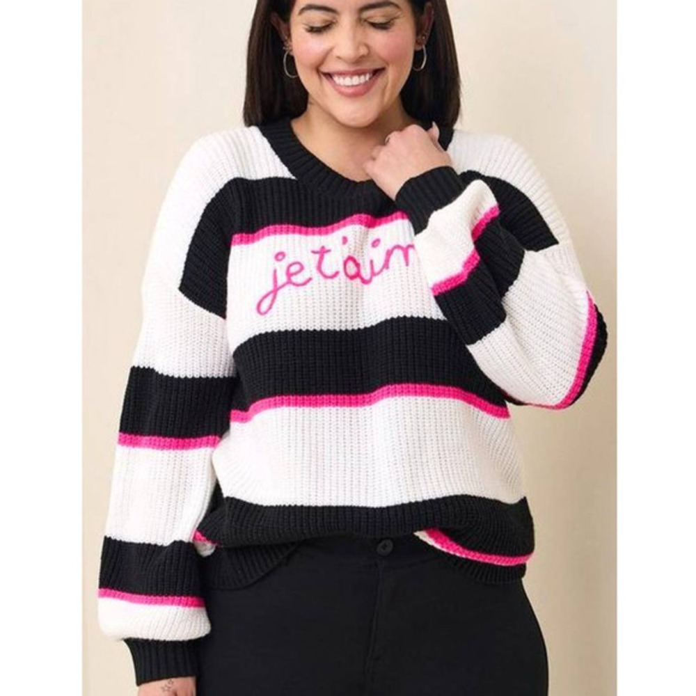 Torrid 3 (3X 22/24) Je T'aime I Love You Pink/Black/White‎ Striped Sweater New